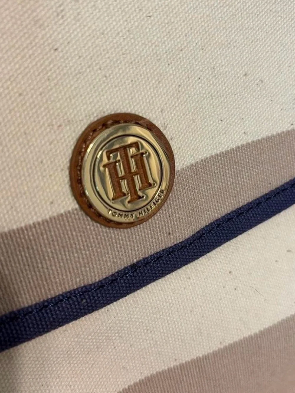Tommy Hilfiger Beige and Navy Striped Canvas Backpack